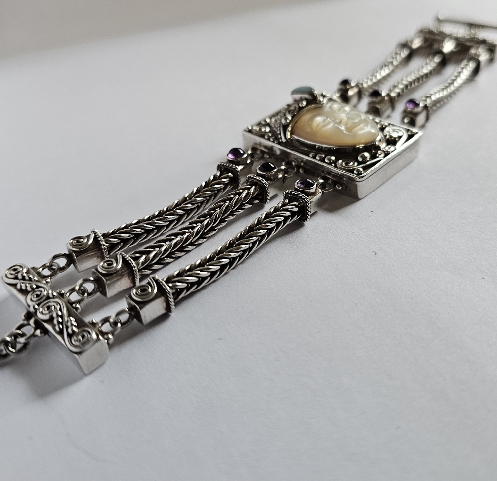 Sajan Multi-Strand Silver Carved Mother of Pearl Face Bracelet Amethys Chalcedon - Picture 5 of 5